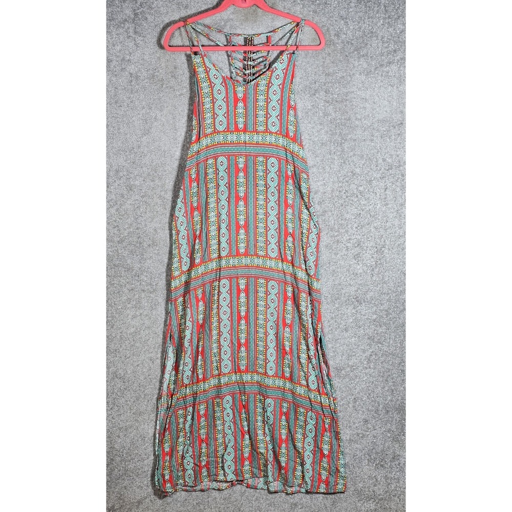 Kandy Kiss Maxi Dress Womens Size S Green Red Southwestern Geometric Side Slits